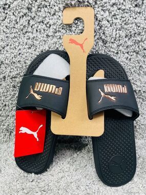 Puma Womens Black Rose Gold Cool Cat Slid Slippers Synthetic Leather Size 10 New